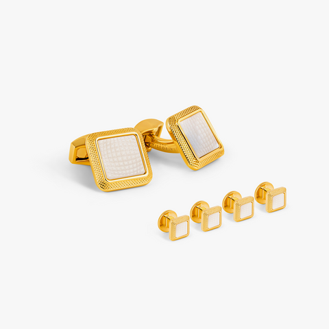 Spazio Square Cufflink and Shirt Studs in Yellow Gold Plated with White Mother of Pearl
