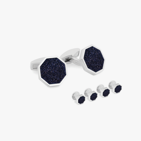 Classic London Eye Cufflink and Shirt Studs in Rhodium Silver with Blue Goldstone