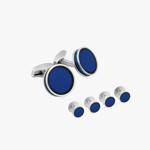 Tablet Ice Round Cufflink and Shirt Studs in Palladium Plated with Blue Enamel