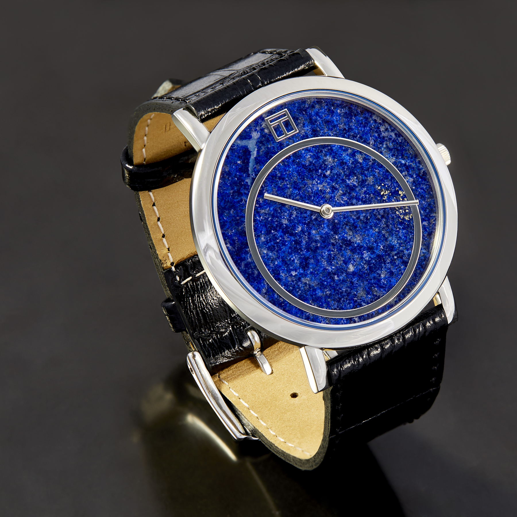 Prezioso Leather Watch In Black With Lapis And Stainless Steel