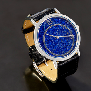 Prezioso Leather Watch In Black With Lapis And Stainless Steel