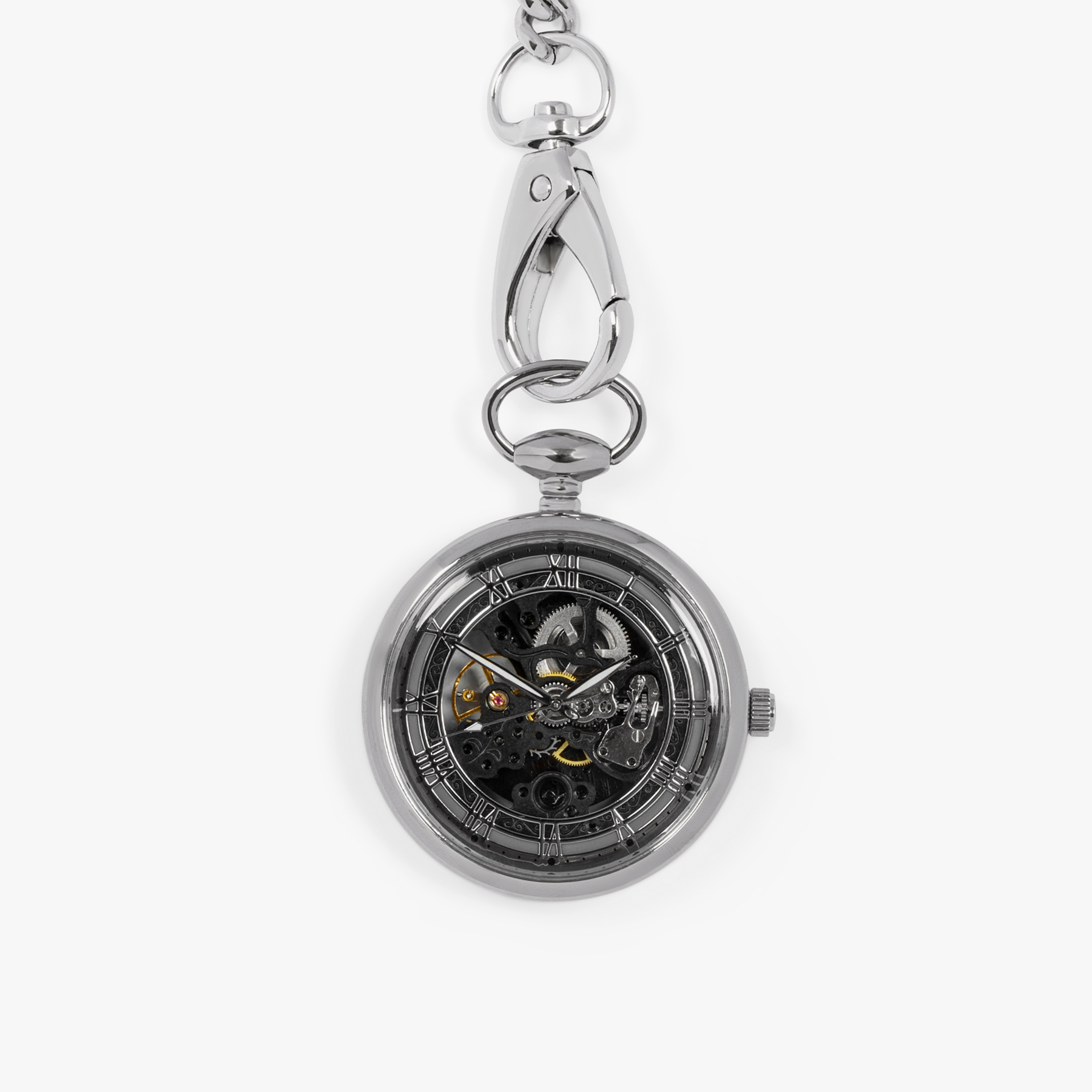 Silver skeleton pocket discount watch