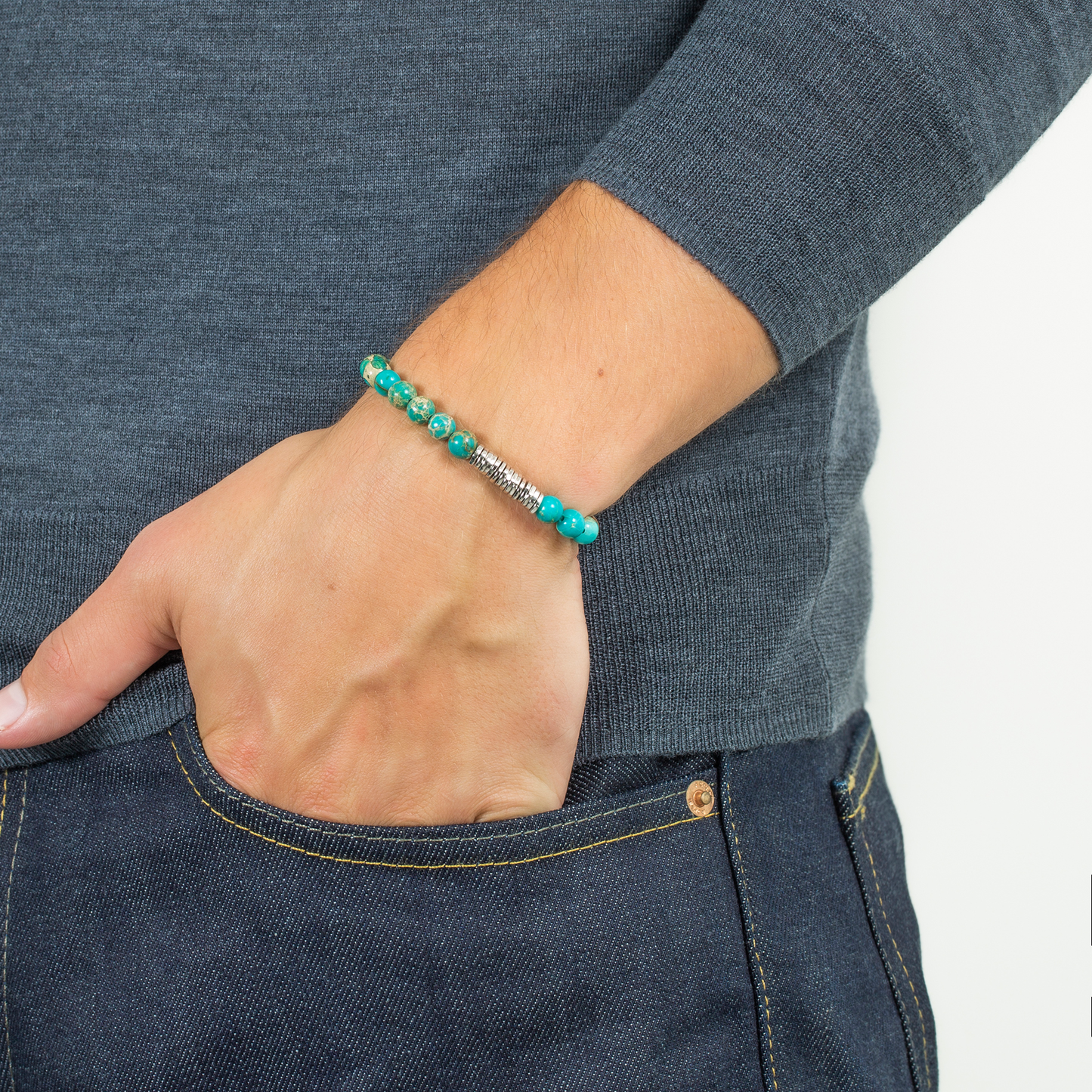 Classic Discs Beaded Bracelet in Silver with Blue Impression Jasper