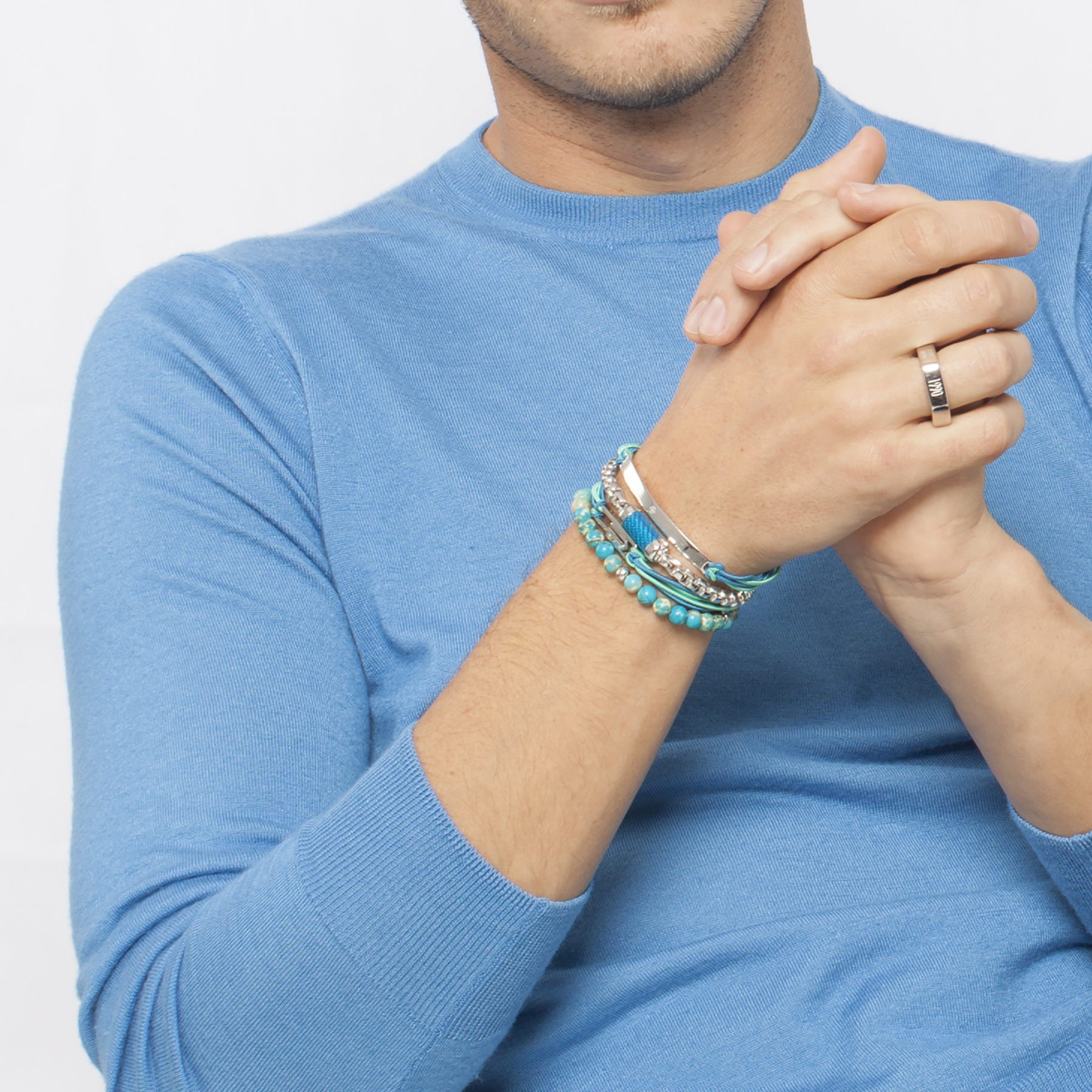 Classic Discs Beaded Bracelet in Silver with Blue Impression Jasper