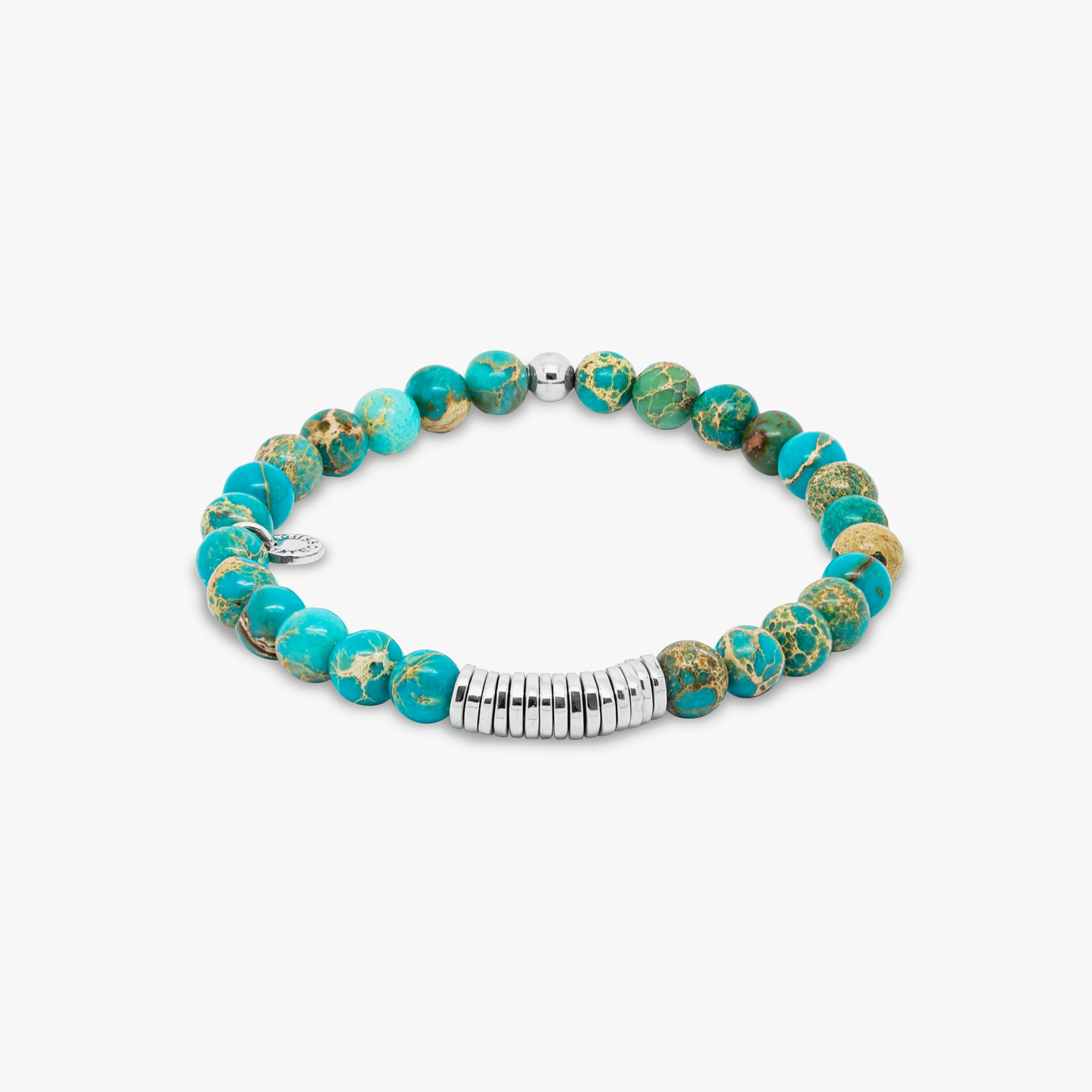 Classic Discs Beaded Bracelet in Silver with Blue Impression Jasper