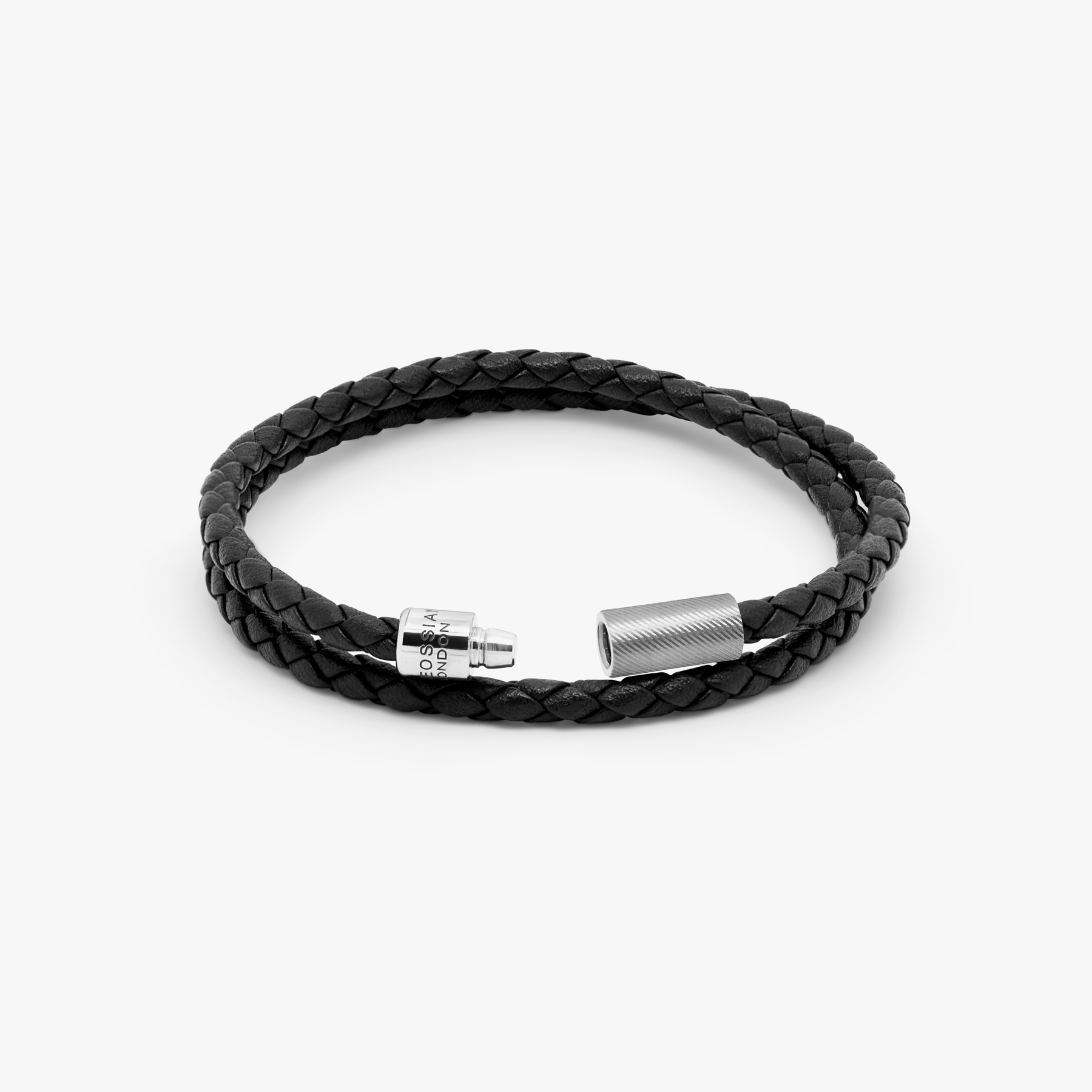 A black leather bracelet with a sterling silver clasp, double wrapped and intricately braided