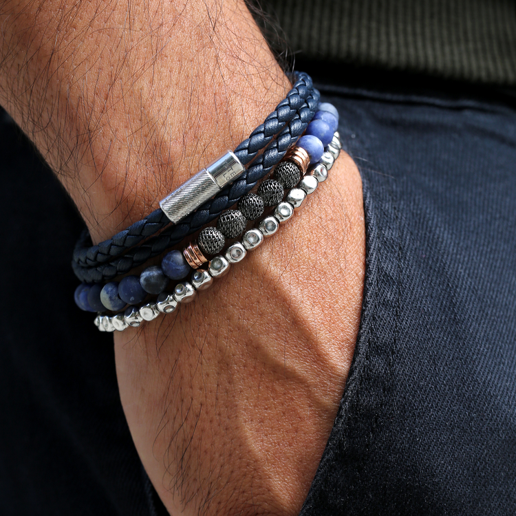 Tateossian Herringbone Leather Bracelet in Blue | Size Large
