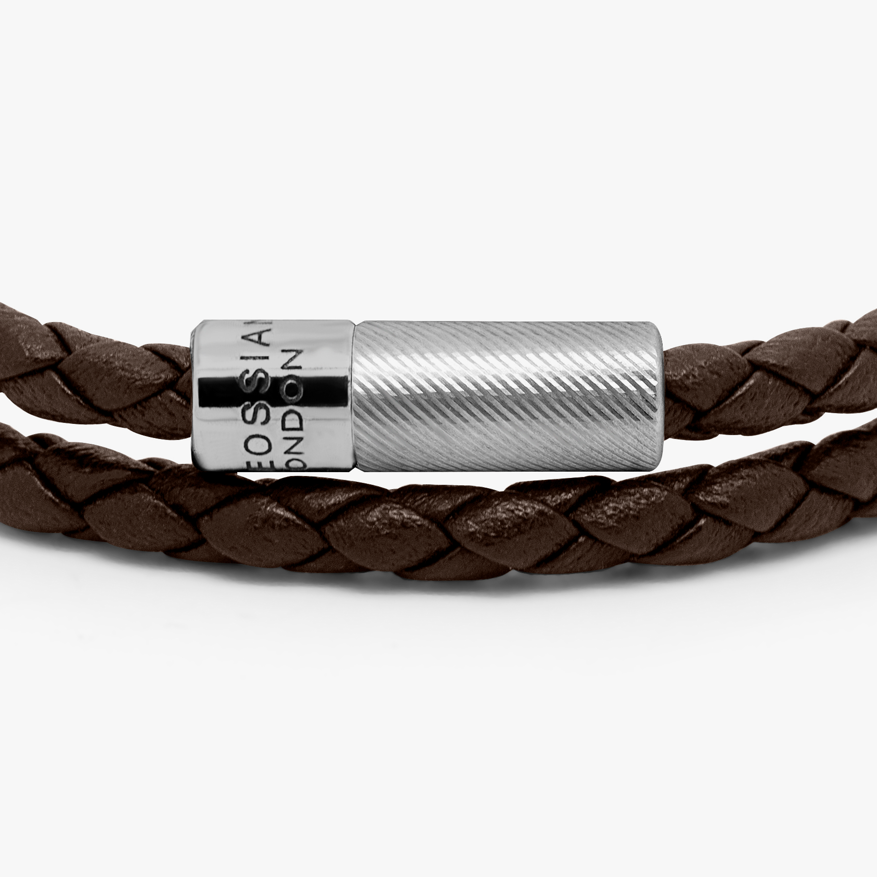 A double wrap brown leather bracelet with an engraved sterling silver clasp.