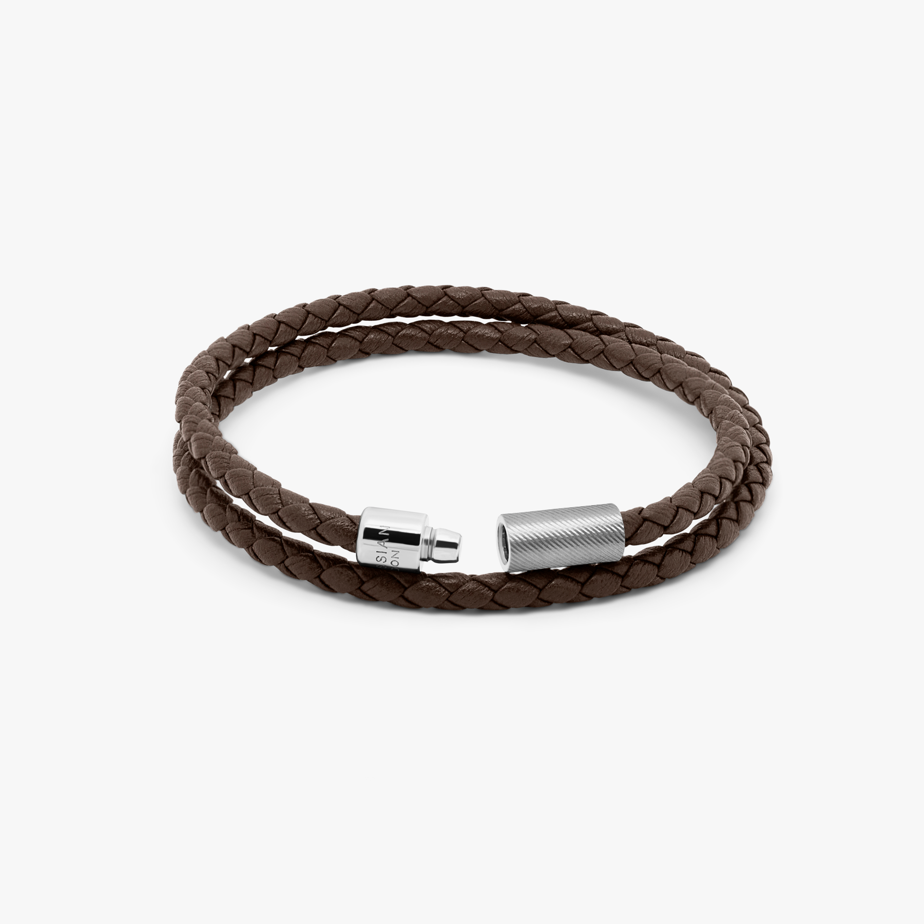 A double wrap brown leather bracelet with an engraved sterling silver clasp.