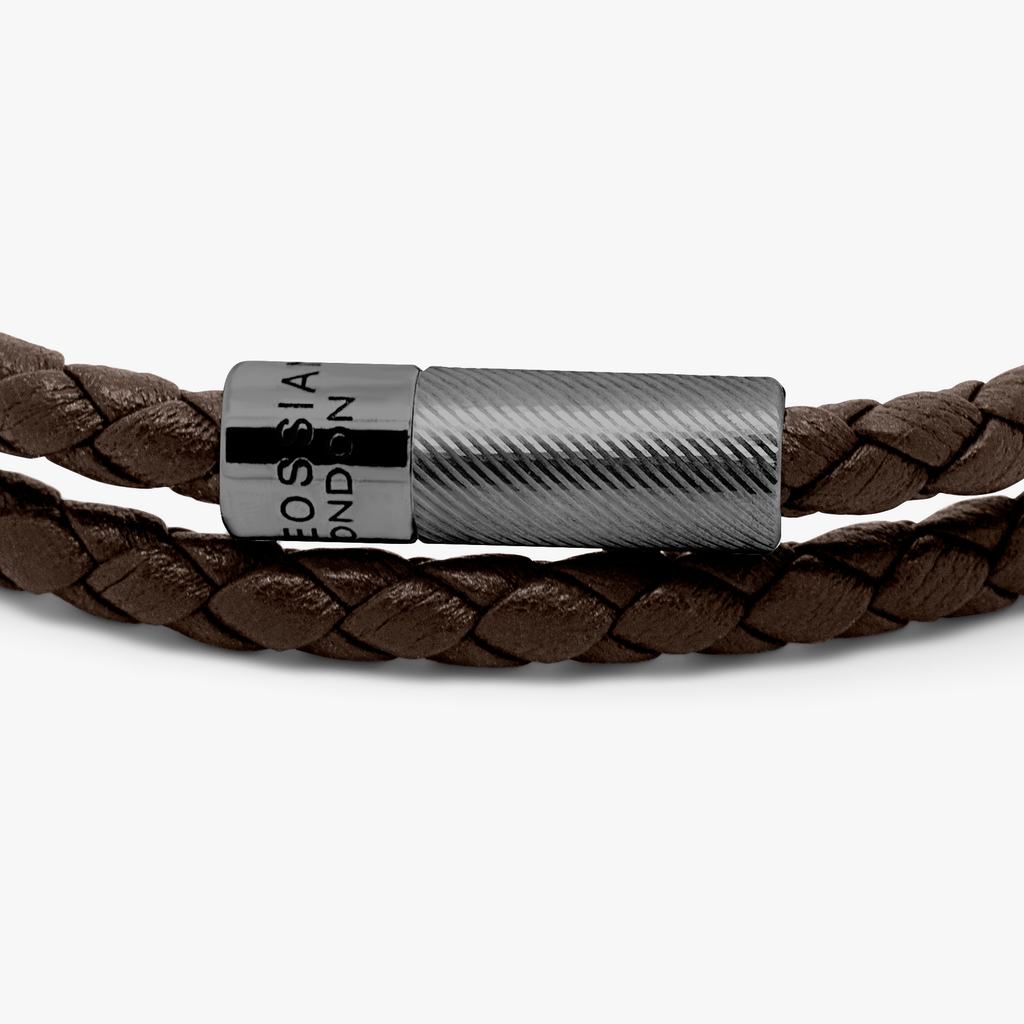 A double wrap leather bracelet in brown with a black ruthenium plated sterling silver clasp.