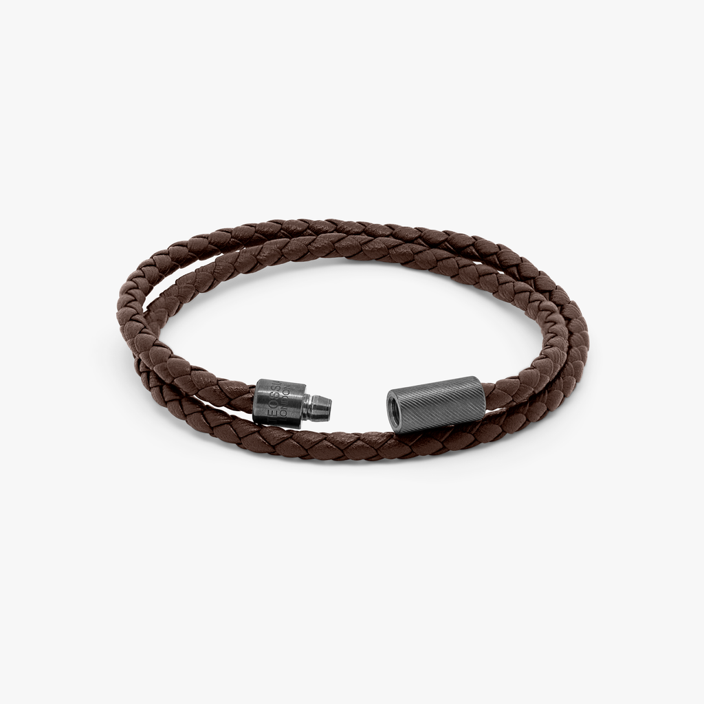 A double wrap leather bracelet in brown with a black ruthenium plated sterling silver clasp.