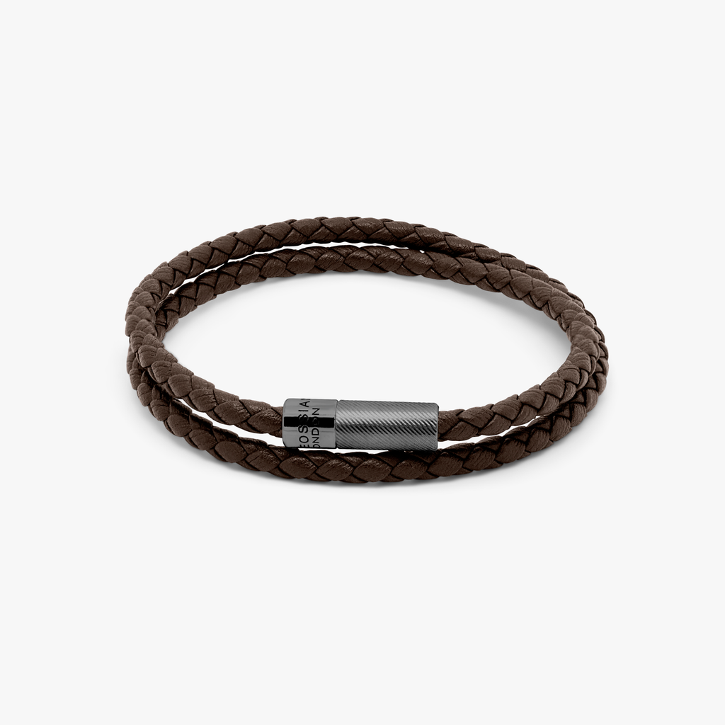 A double wrap leather bracelet in brown with a black ruthenium plated sterling silver clasp.