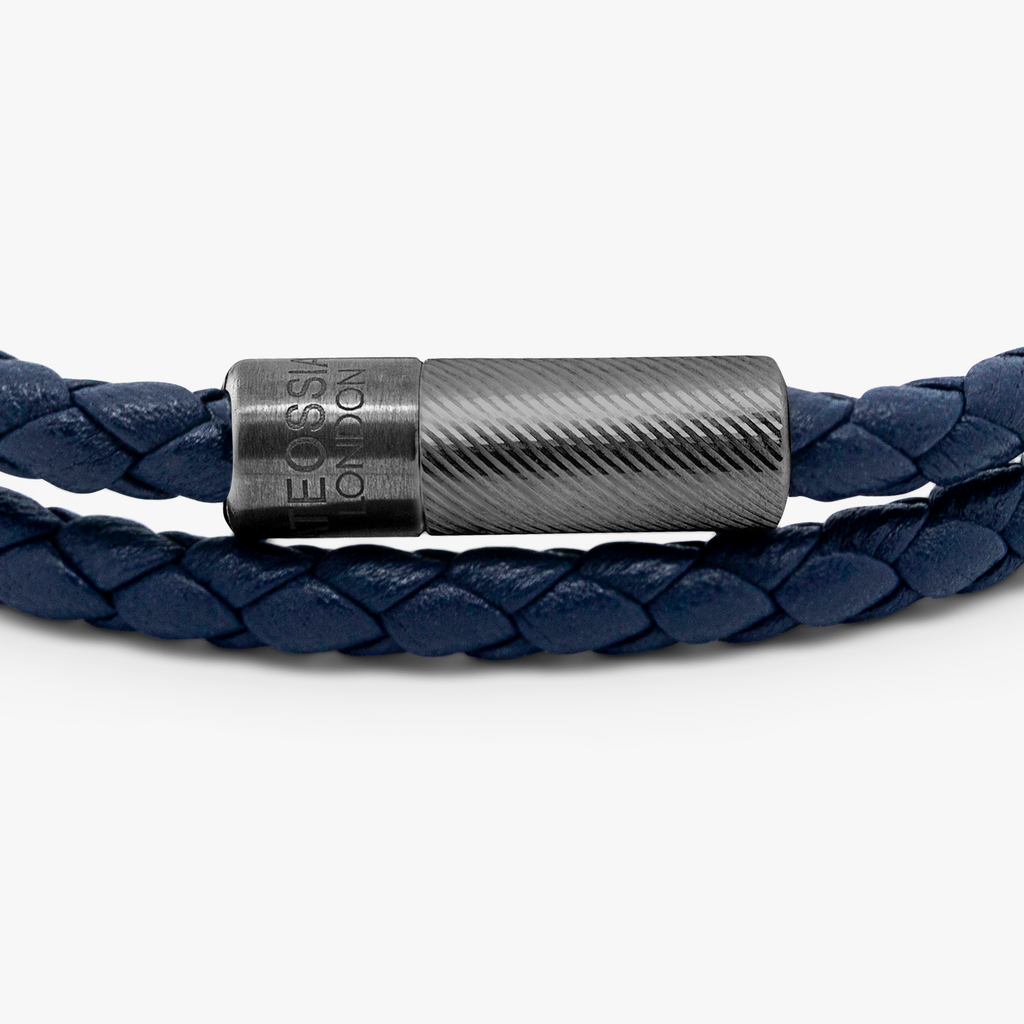 A double wrap navy leather bracelet with a black ruthenium plated sterling silver clasp.