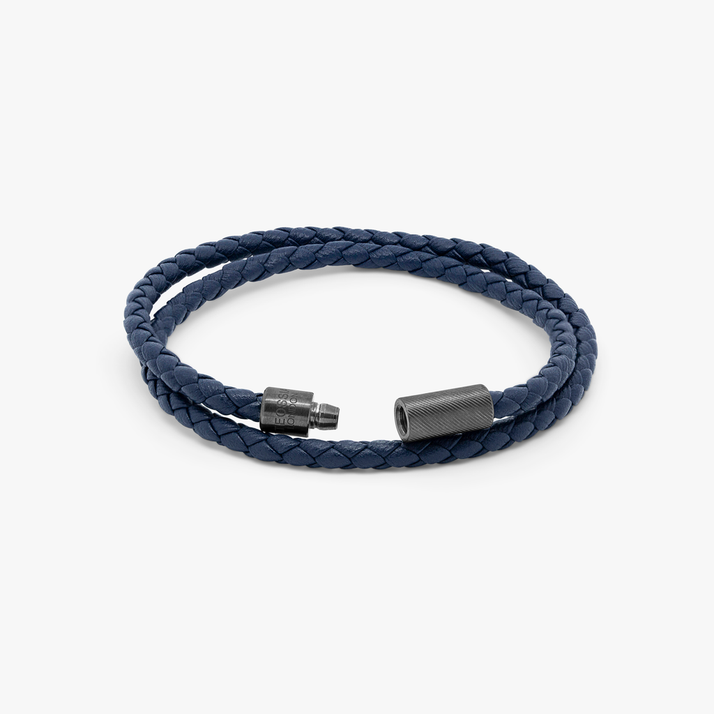 A double wrap navy leather bracelet with a black ruthenium plated sterling silver clasp.