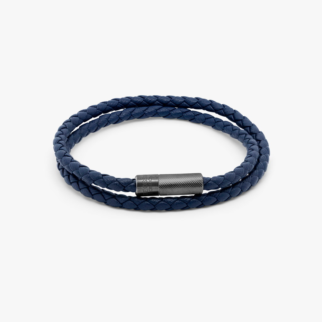 A double wrap navy leather bracelet with a black ruthenium plated sterling silver clasp.