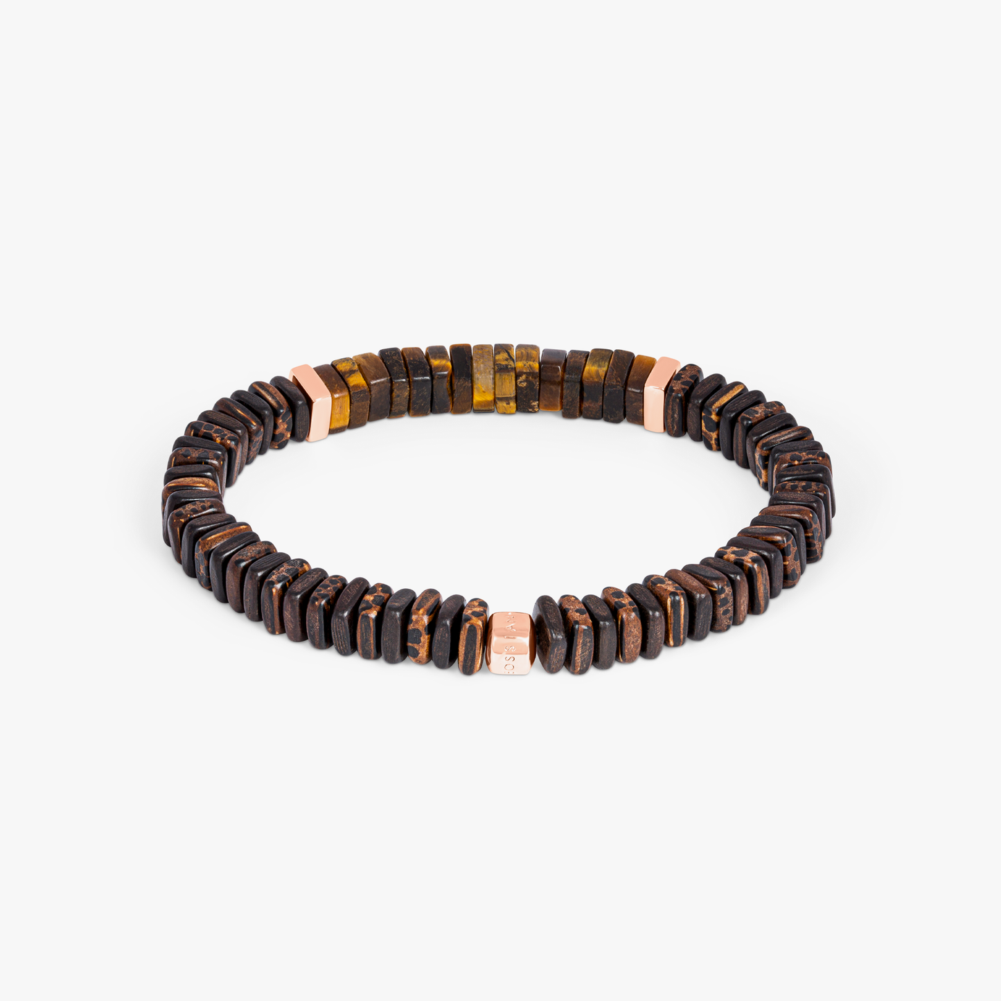 Legno bracelet in tiger eye, palm and ebony wood with rose gold plated sterling silver