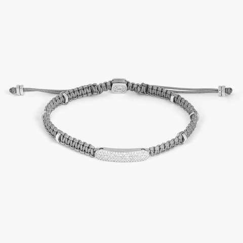 Diamond Baton Grey Macrame Bracelet in Rhodium Silver