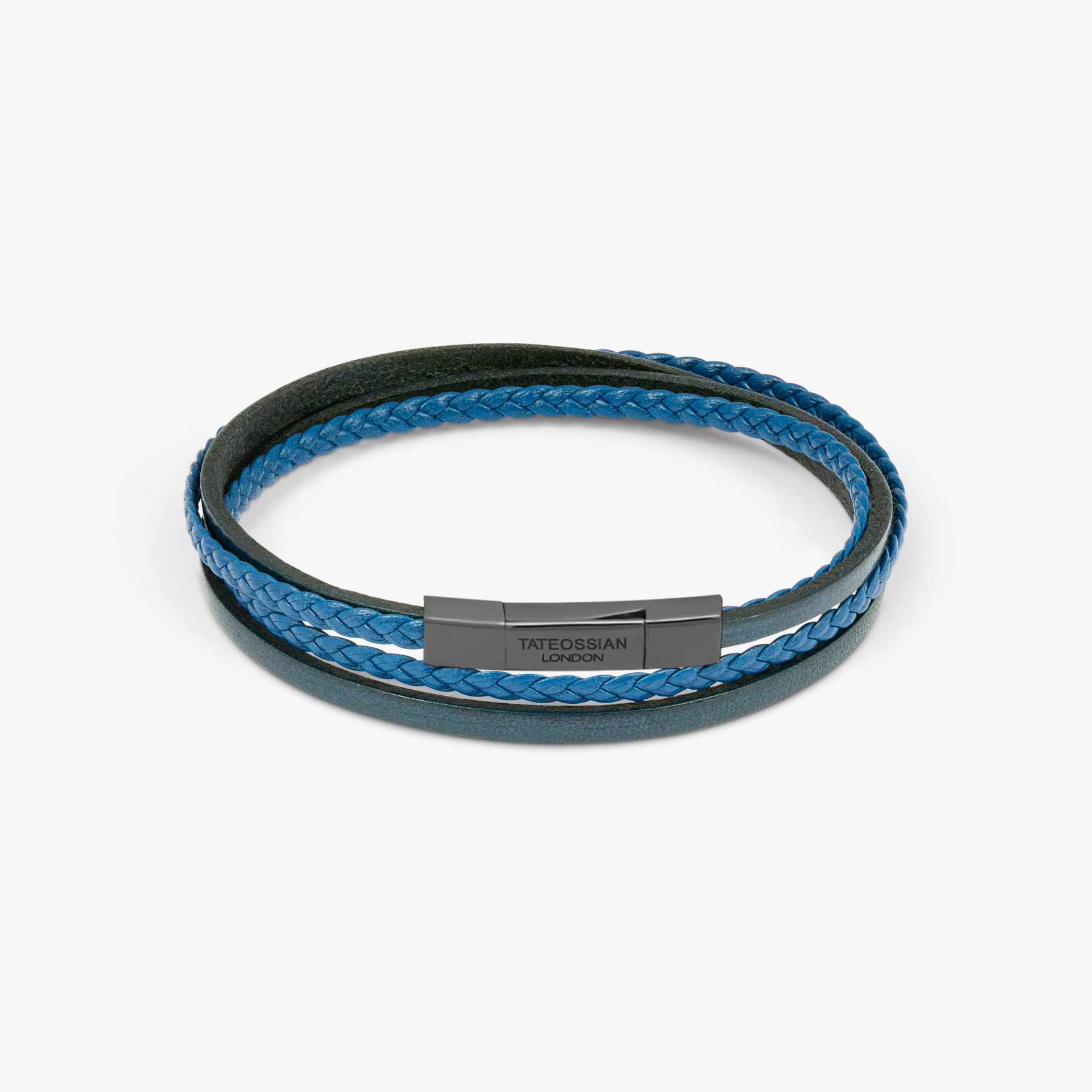 Idas Blue Denim Braided Leather Black Ion-Plated Matte Stainless Steel  Clasp Men's Bracelet - Bijout