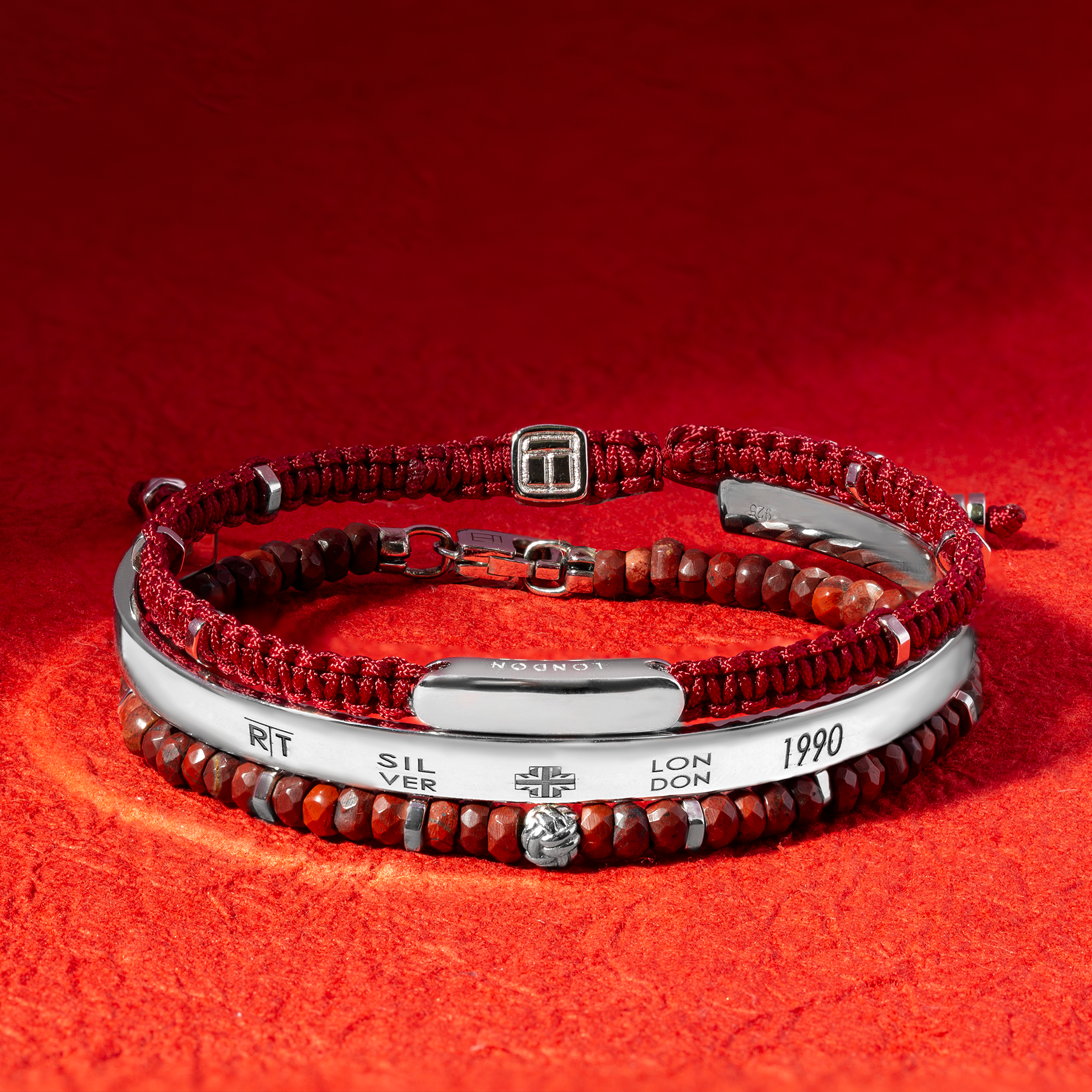 Macramé Bracelet In Red With Sterling Silver- Engravable