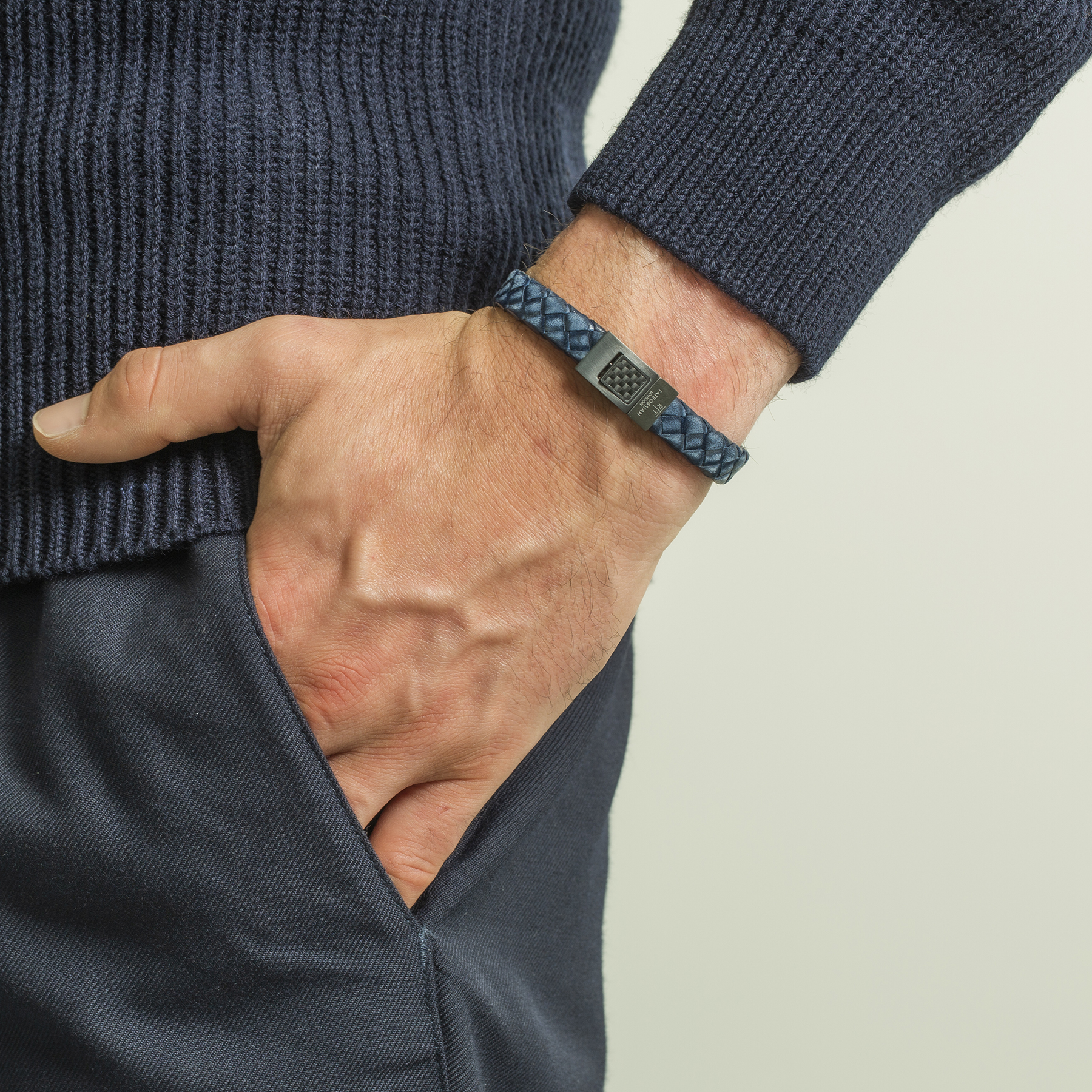 Carbon Woven bracelet in Italian navy leather with carbon fibre and stainless steel