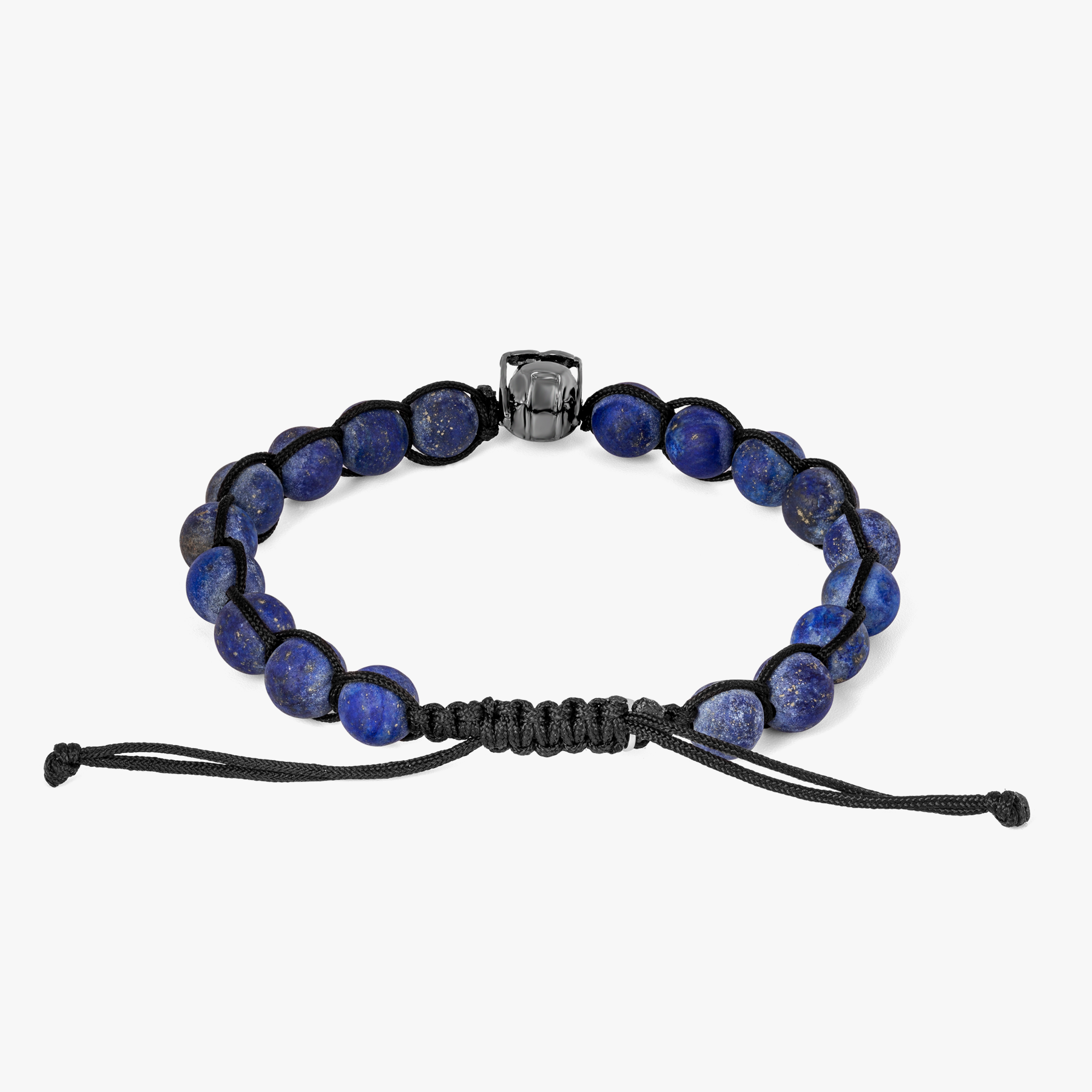 Aviator Skull Bead bracelet with black macrame and lapis in stainless steel