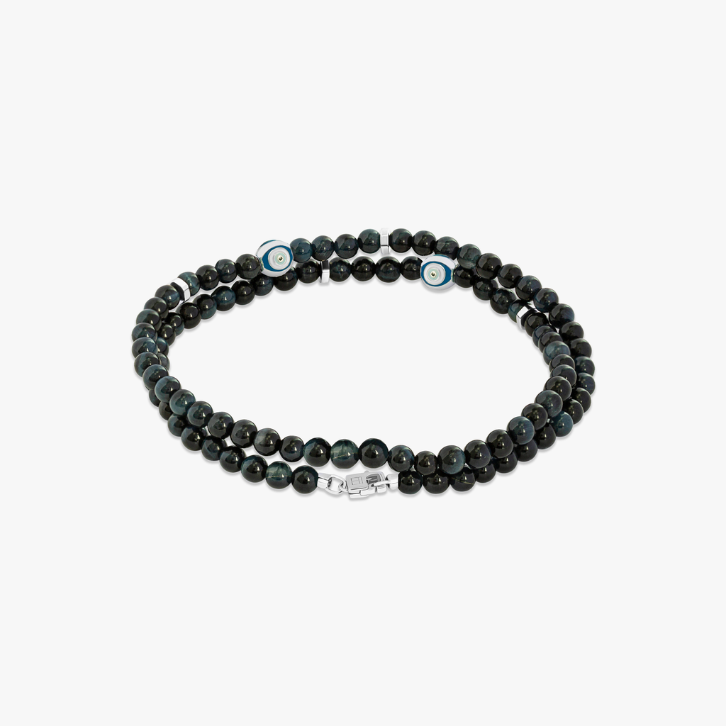 Evil Eye Beaded Bracelet In Rhodium Plated Silver with Blue Tiger Eye