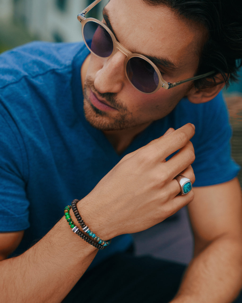 Nepal Gear Trio Beaded Bracelet In Rhodium Plated Silver With Blue Jasper & Coconut Wood 