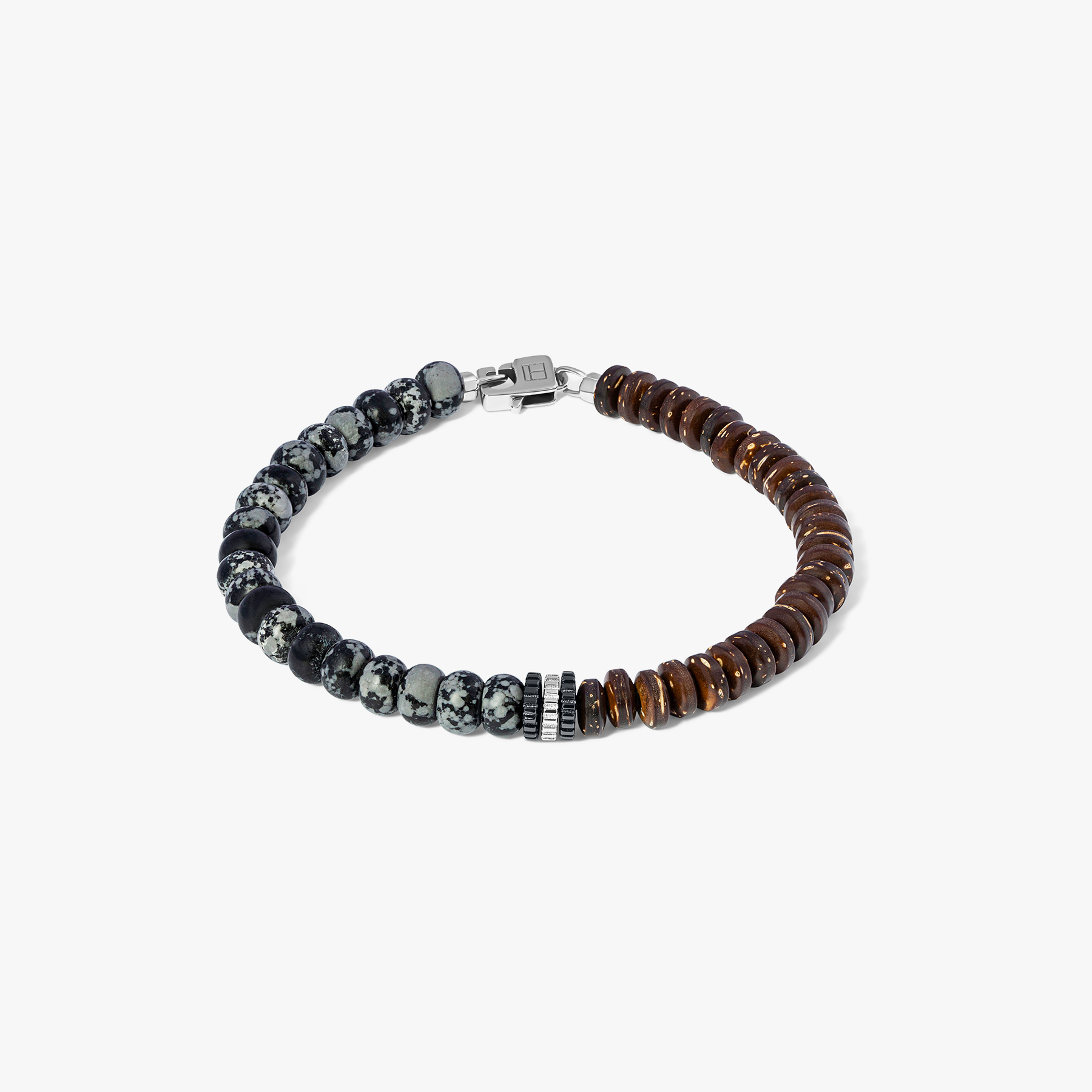Nepal Gear Trio Beaded Bracelet In Rhodium Plated Silver With Snowflake Obsidian & Coconut Wood 