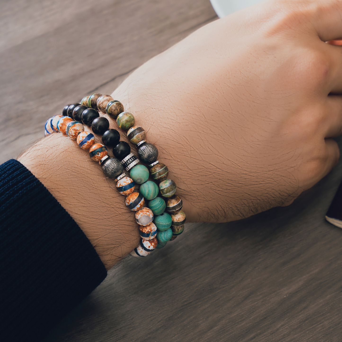 Gear Trio Beaded Bracelet In Rhodium Plated Silver With Ebony Wood and Green Jasper