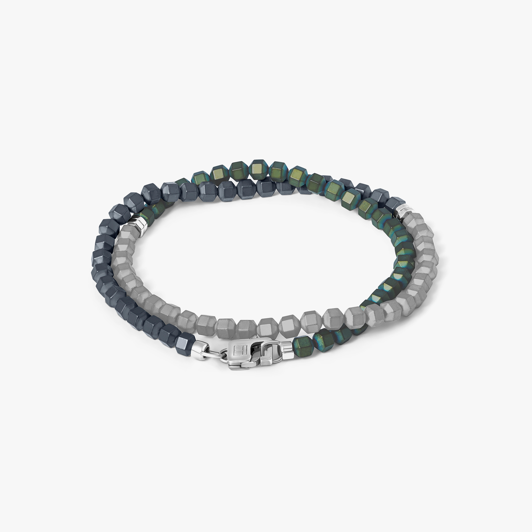 Icosahedron Beaded Bracelet In Rhodium Plated Silver and Green Hematite