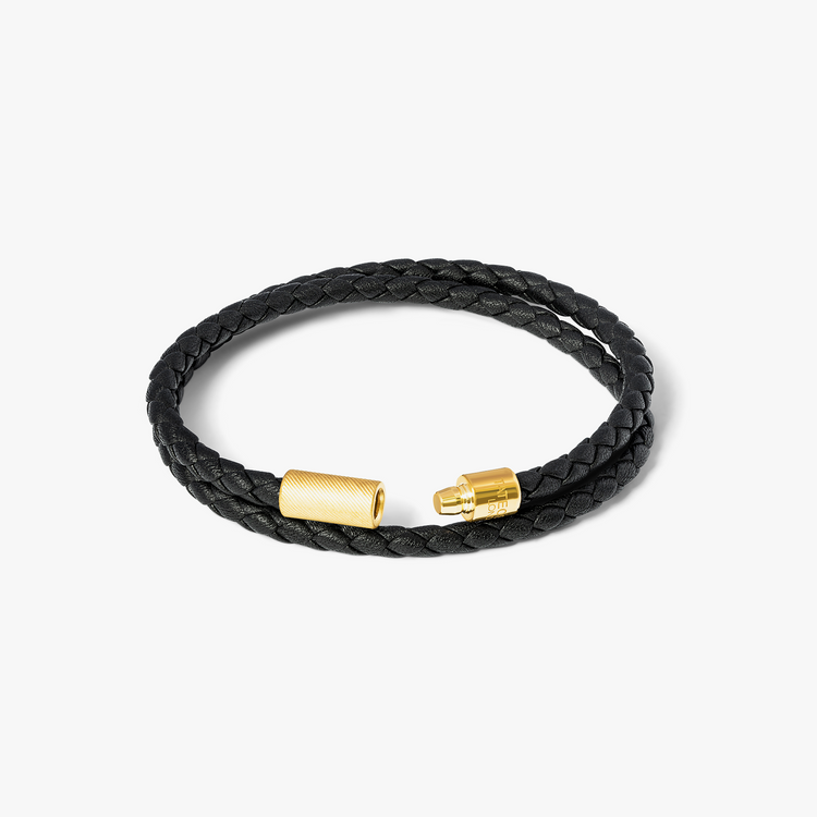 Pop Rigato Double Wrap Leather Bracelet in Black with 18K Yellow Gold Plated, L