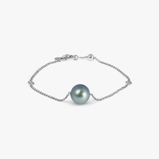 White Diamond Bracelet in 9K White Gold with Grey Tahitian Pearl