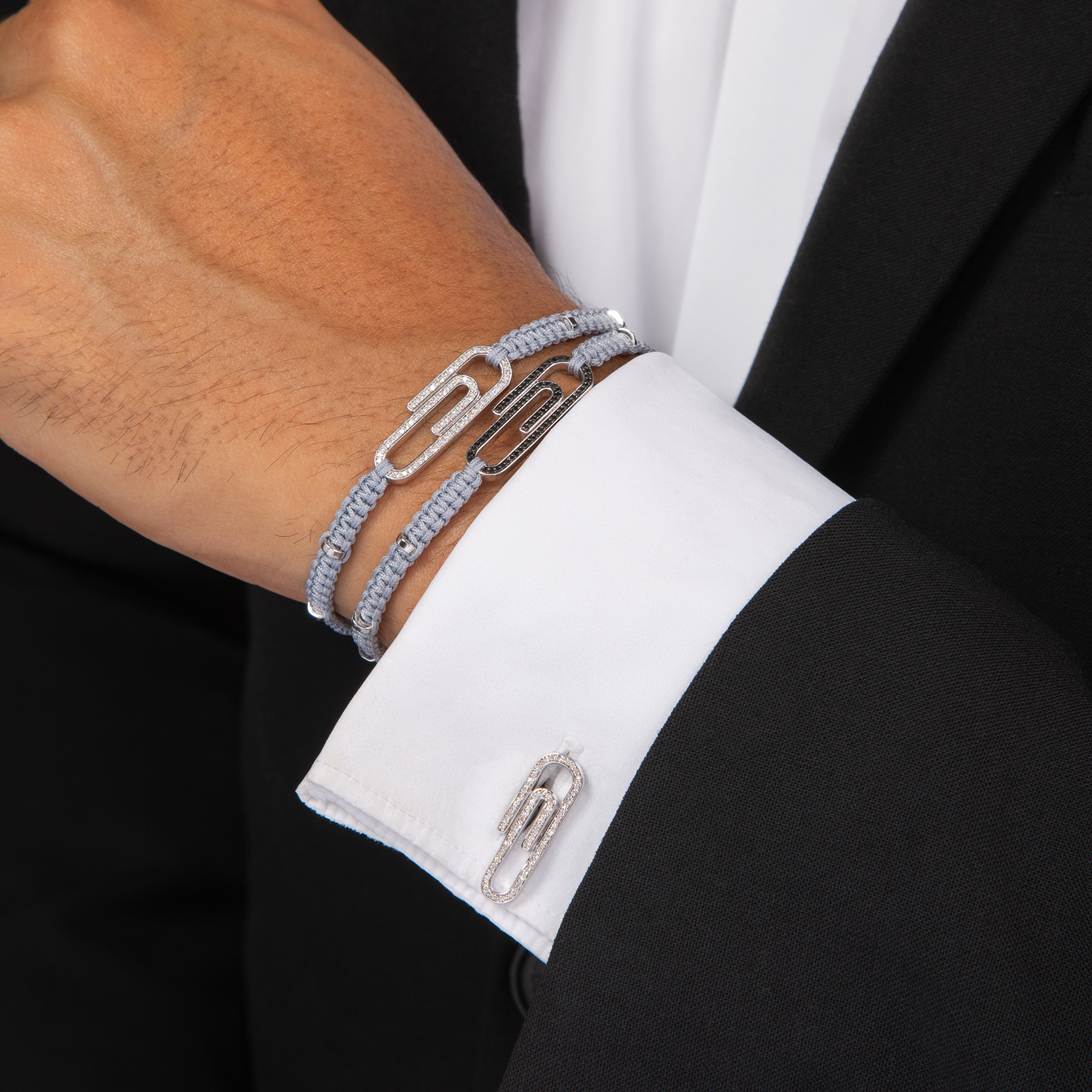 Paperclip cufflinks with white diamond in sterling silver