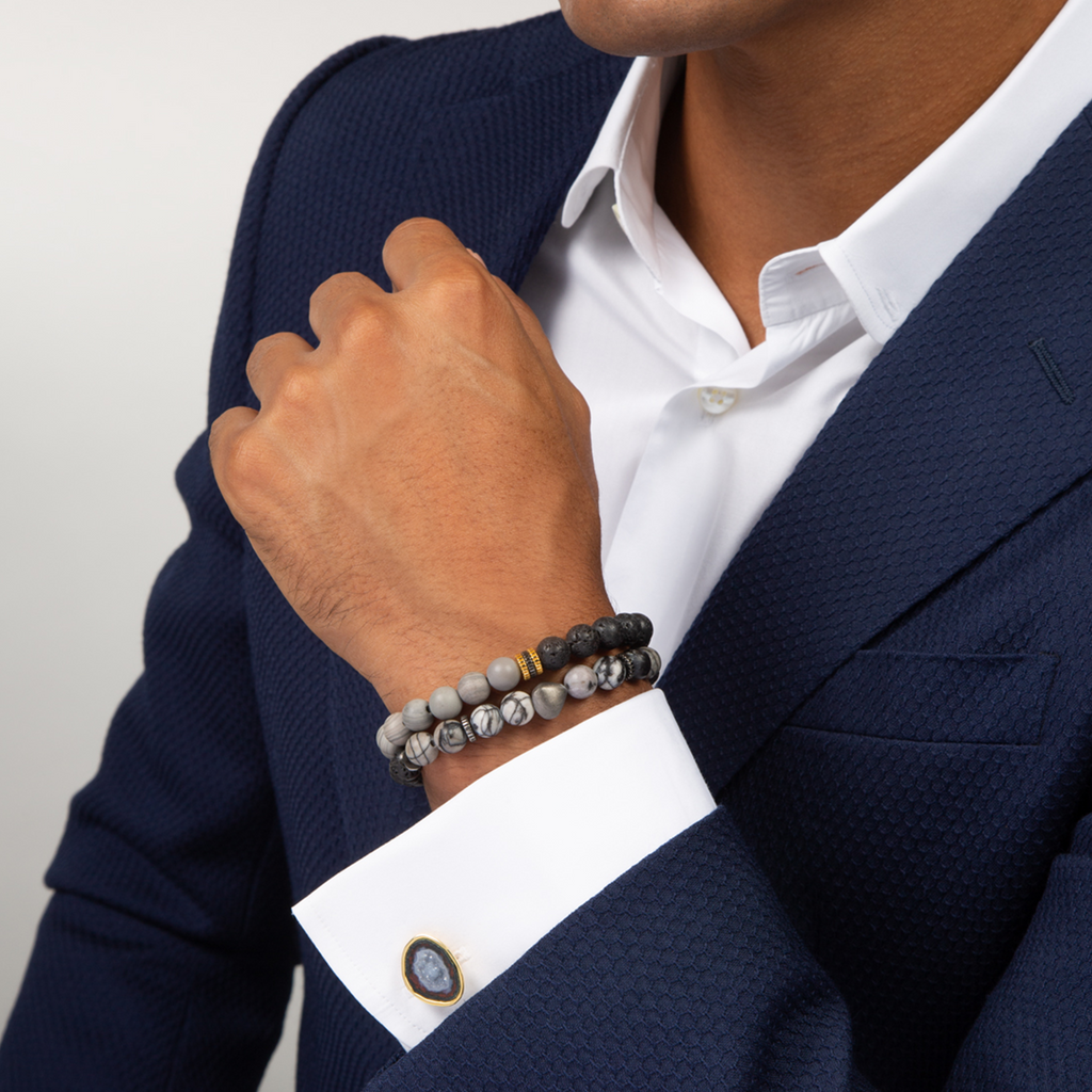 Gear Trio Beaded Bracelet In 18K Yellow Gold Plated Silver With Lava Beads & Grey Wood Jasper