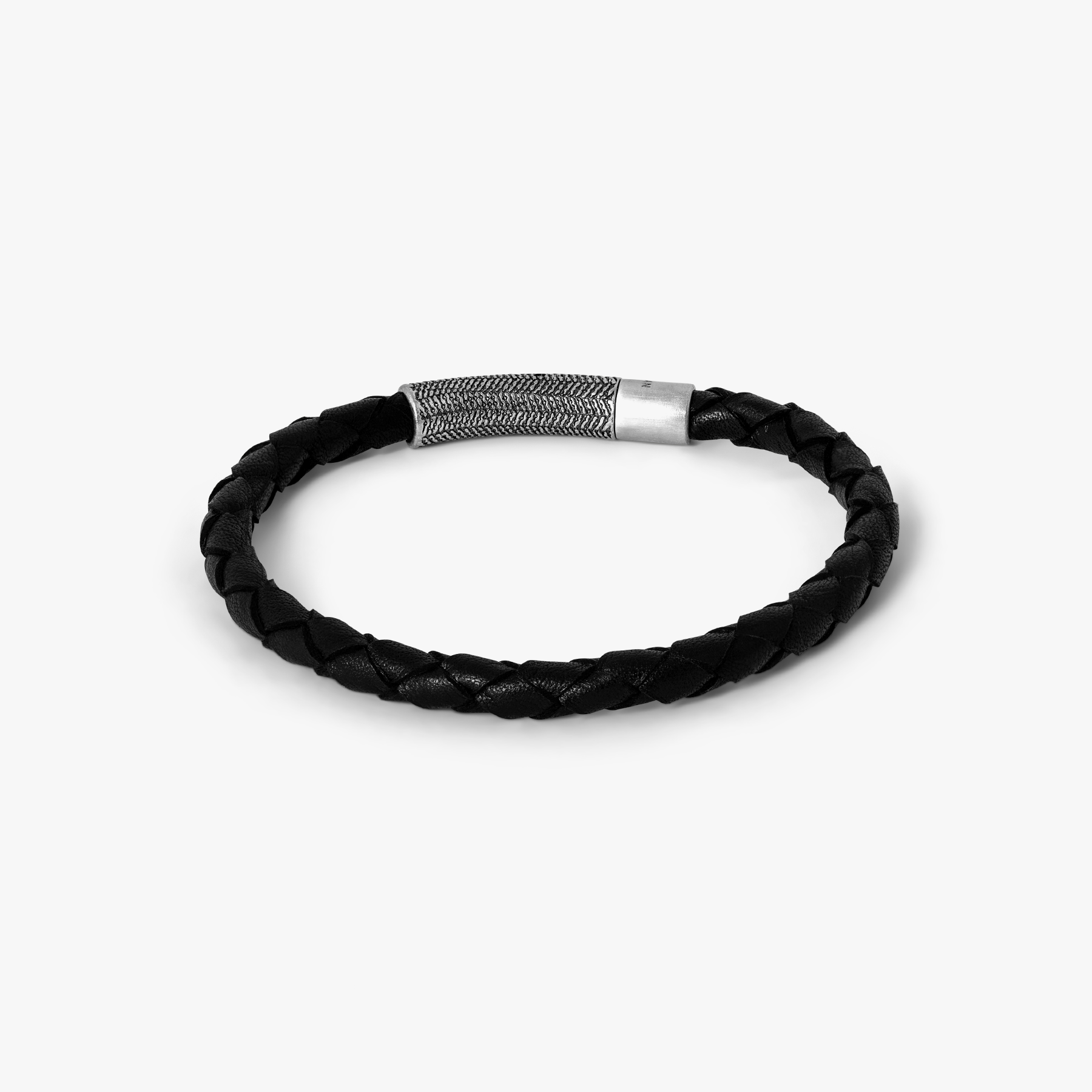 Vintage Herringbone Click Leather Bracelet In Black With Stainless Steel