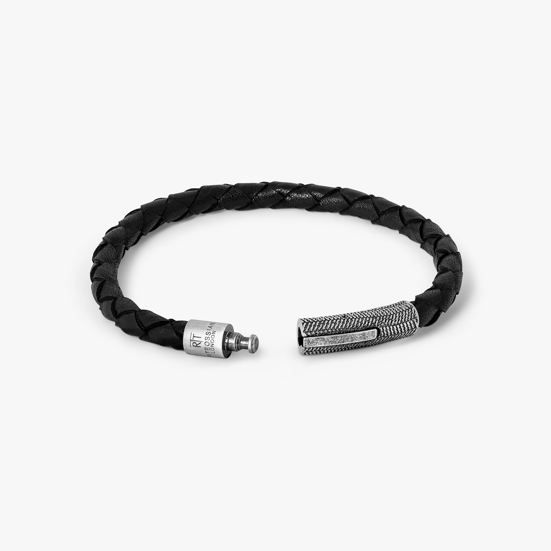 Vintage Herringbone Click Leather Bracelet In Black With Stainless Steel