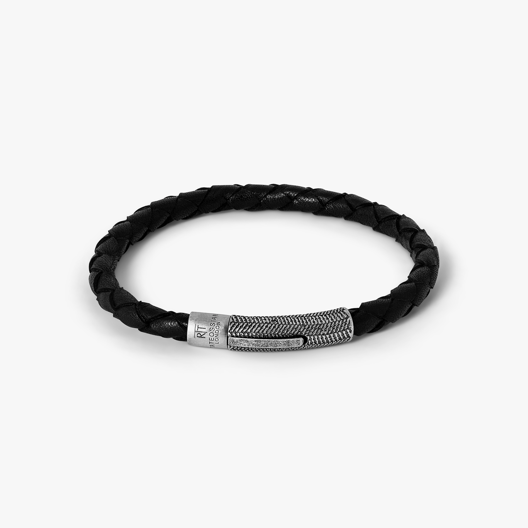 Vintage Herringbone Click Leather Bracelet In Black With Stainless Steel
