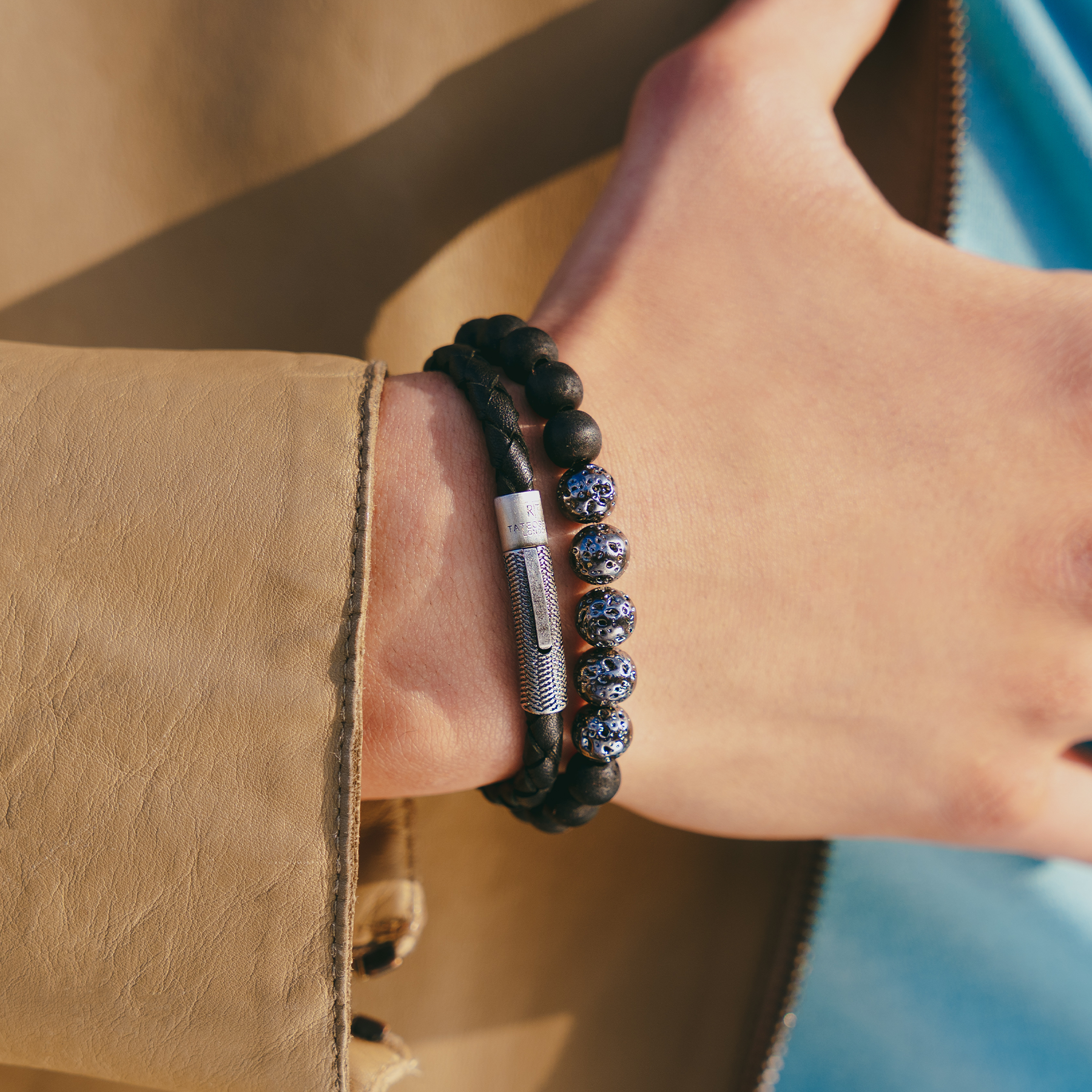 Vintage Herringbone Click Leather Bracelet In Black With Stainless Steel