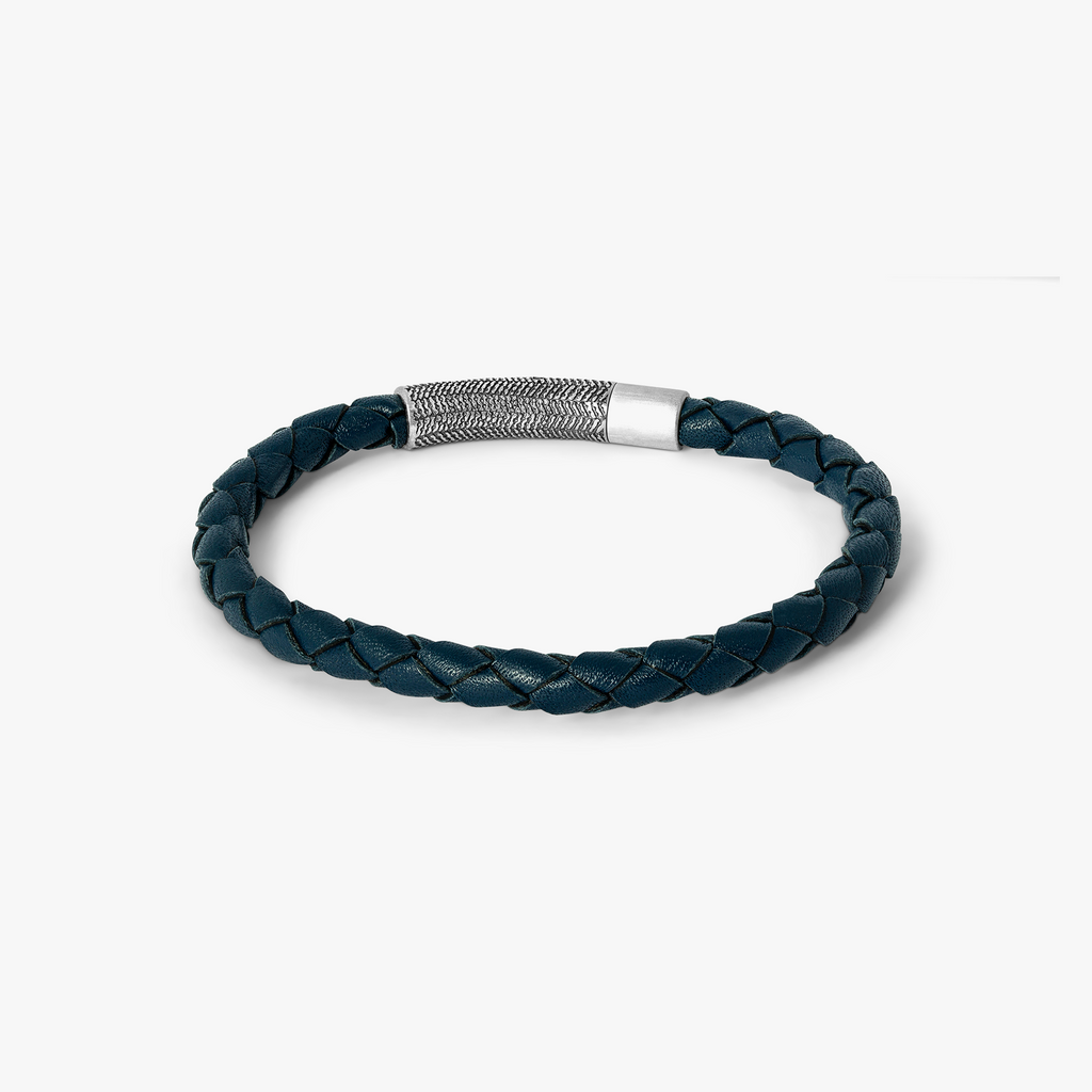 Vinatge Herringbone Click Leather Bracelet In Navy With Stainless Steel