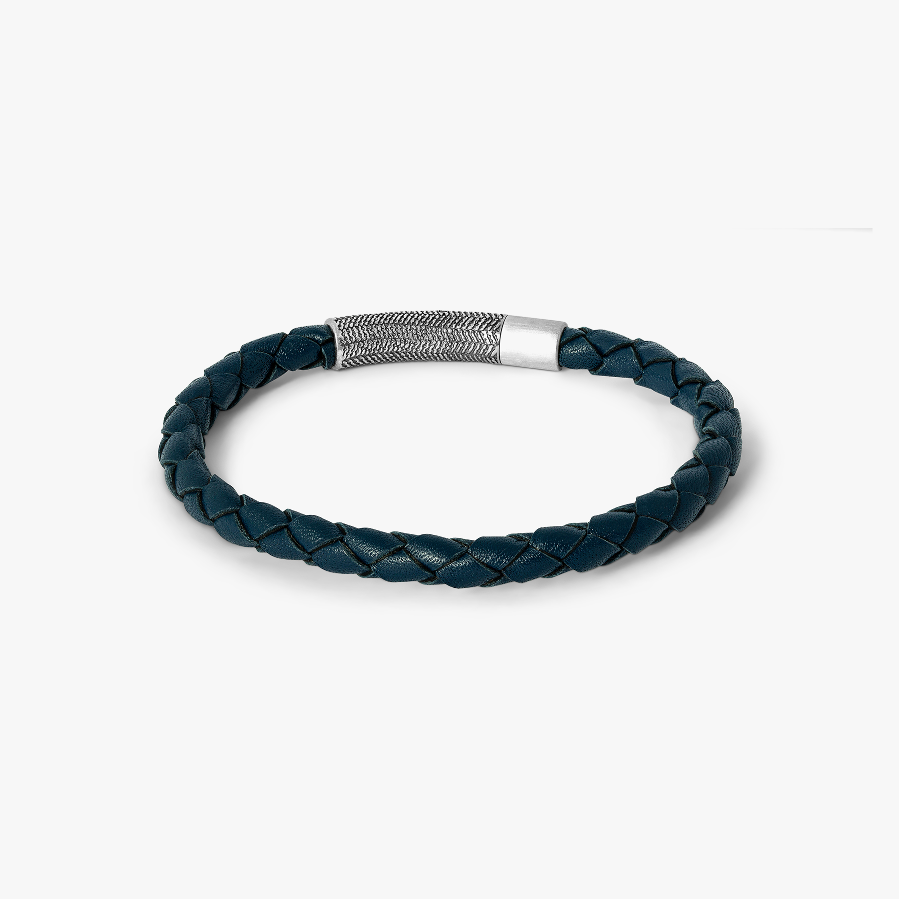 Vinatge Herringbone Click Leather Bracelet In Navy With Stainless Steel