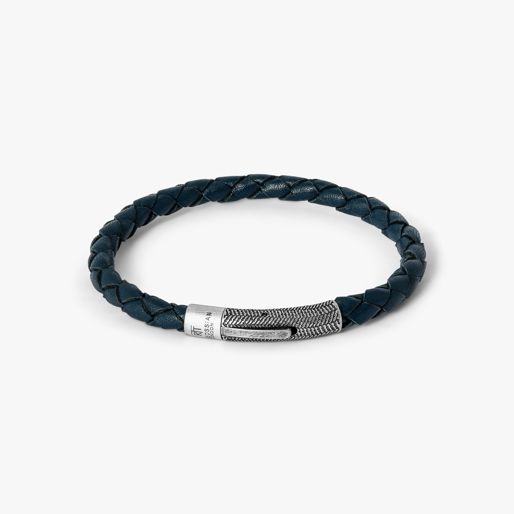 Vinatge Herringbone Click Leather Bracelet In Navy With Stainless Steel