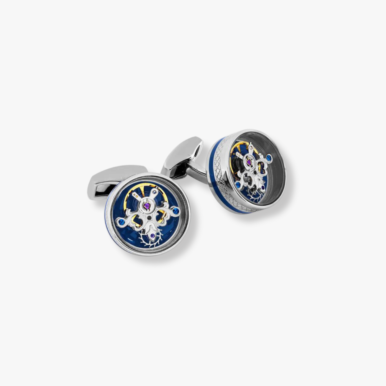 Skull Tourbillon Cufflinks In Blue With Palladium Plated
