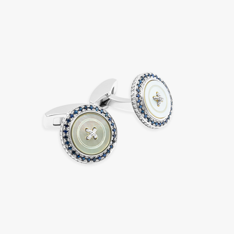 Precious Button cufflinks with white mother of pearl & sapphires