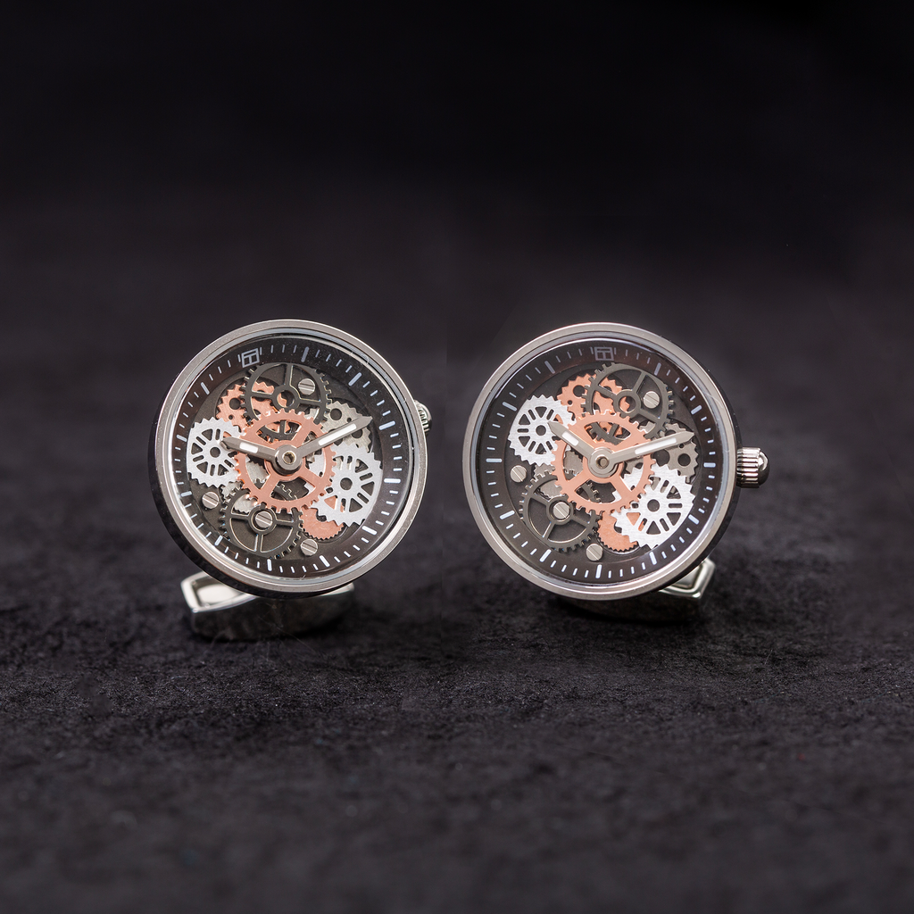 Vintage Gear Watch Cufflinks In Silver With Rhodium Plated Steel