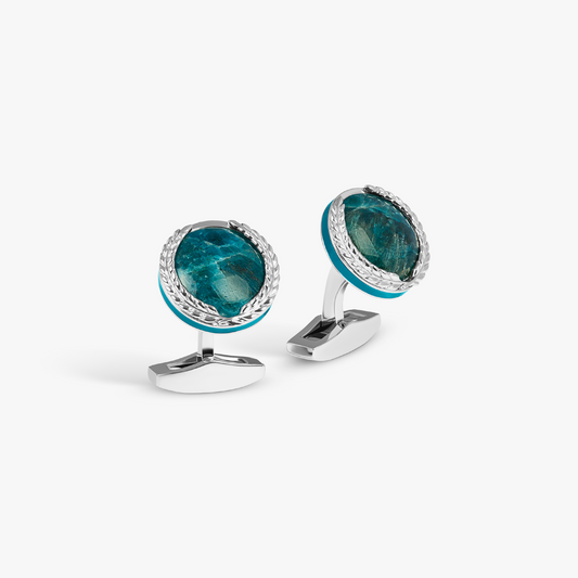 Rhodium plated sterling silver Laurel round cufflinks with apatite