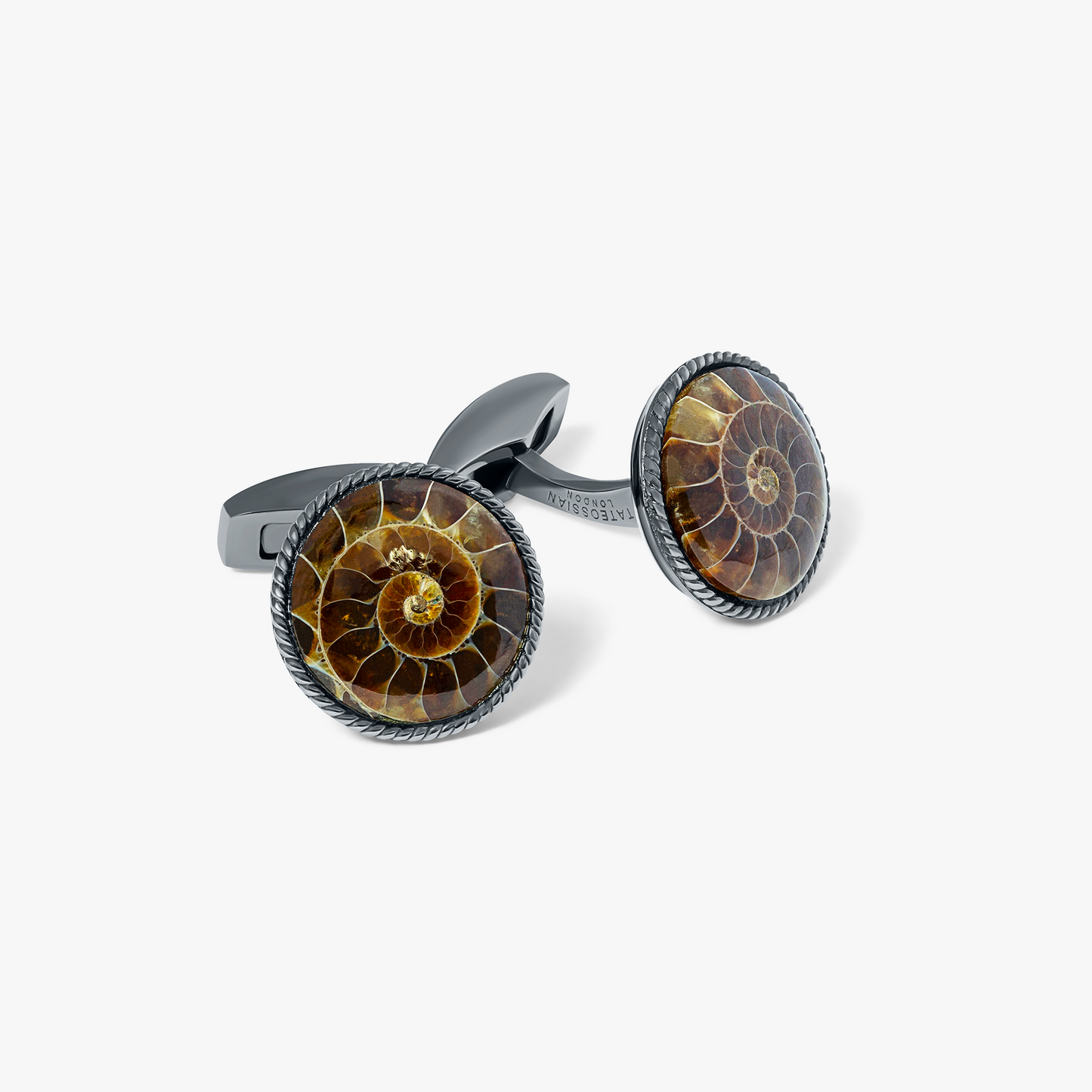 Cable Cufflinks In Black Rhodium Plated Silver with Ammonite Fossil