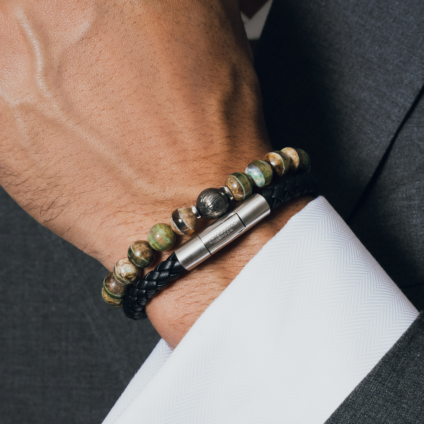 Charles Click Pelle Bracelet In Rhodium & Black Leather