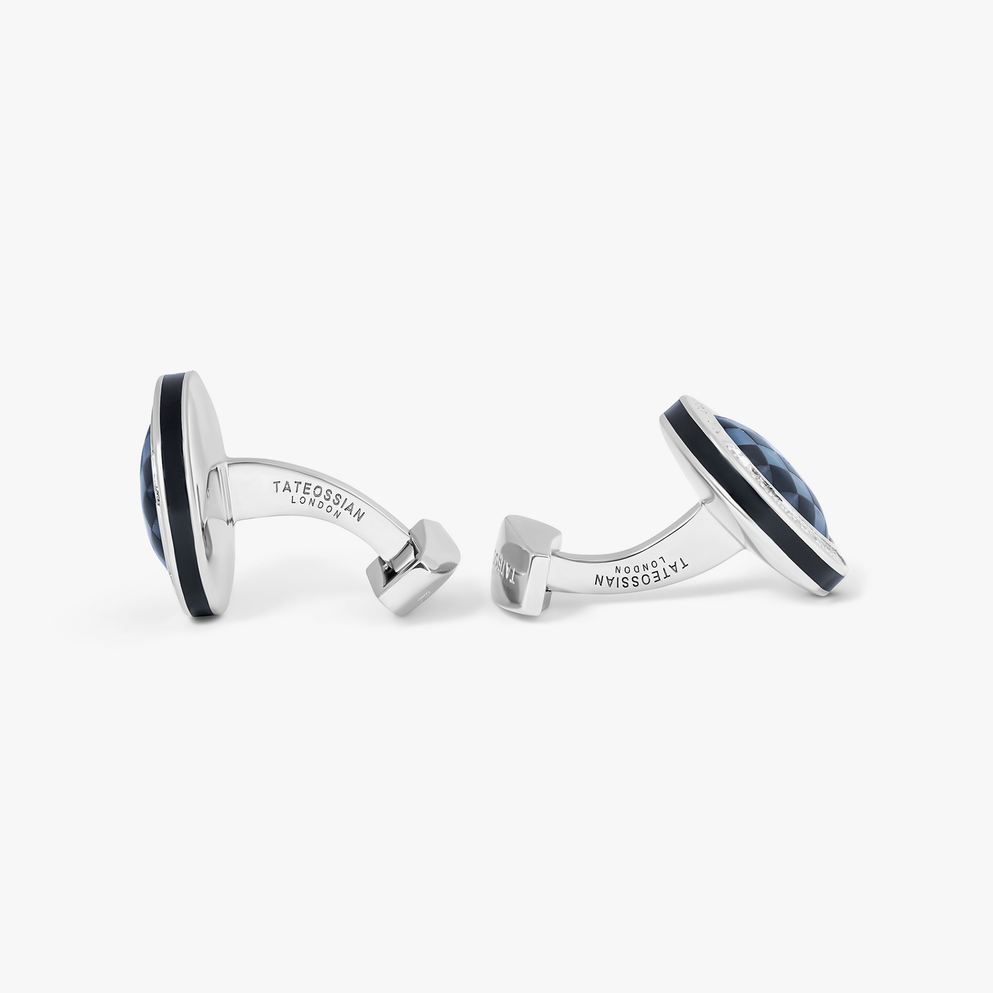 Signature Round Cufflinks in Rhodium Plated Silver with White MOP and Onyx Mosaic Stone