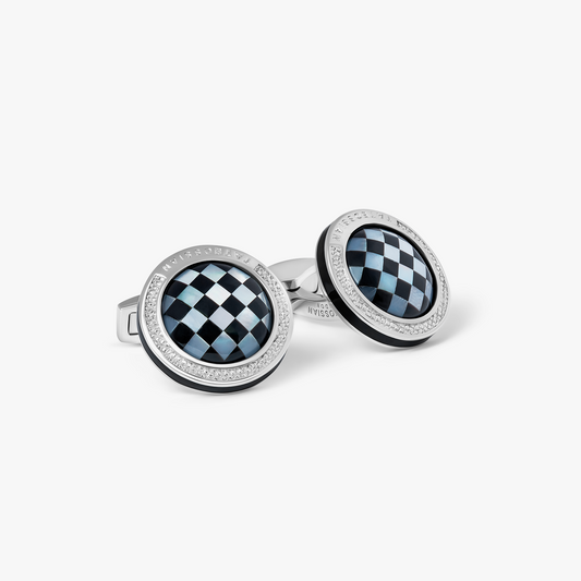 Signature Round Cufflinks in Rhodium Plated Silver with White MOP and Onyx Mosaic Stone