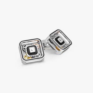 Quadrato Gear Cufflinks With Silver & Black Enamel In Palladium Plated